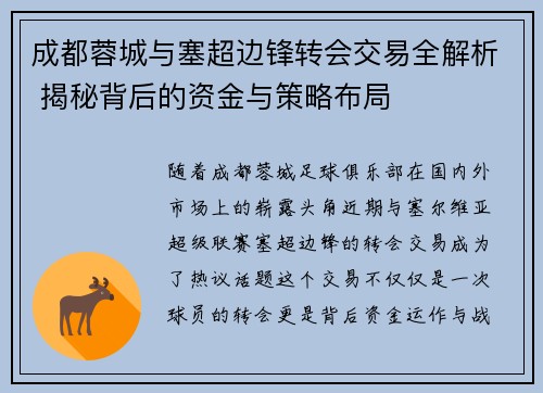 成都蓉城与塞超边锋转会交易全解析 揭秘背后的资金与策略布局