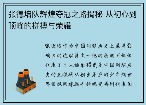 张德培队辉煌夺冠之路揭秘 从初心到顶峰的拼搏与荣耀
